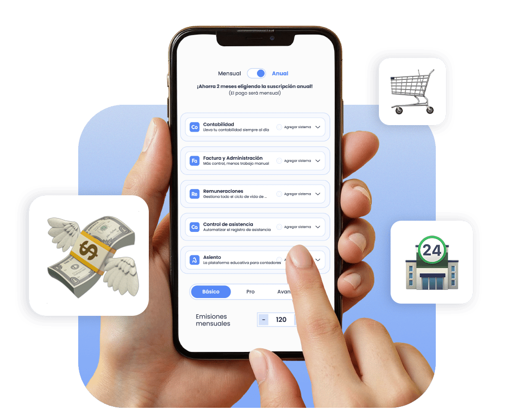 Persona cotizando en su smartphone la plataforma Nubox abierta, seleccionando planes de contabilidad y facturación. Alrededor aparecen íconos de carrito de compras, dinero y atención 24/7, representando gestión digital de negocios.