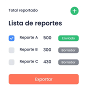 Interfaz gráfica de un listado de reportes. Se muestran tres reportes: uno marcado como "Enviado" con monto de 500, y dos como "Borrador" con montos de 300 y 430. Hay un botón de agregar en la parte superior derecha y un botón de "Exportar" en la parte inferior.