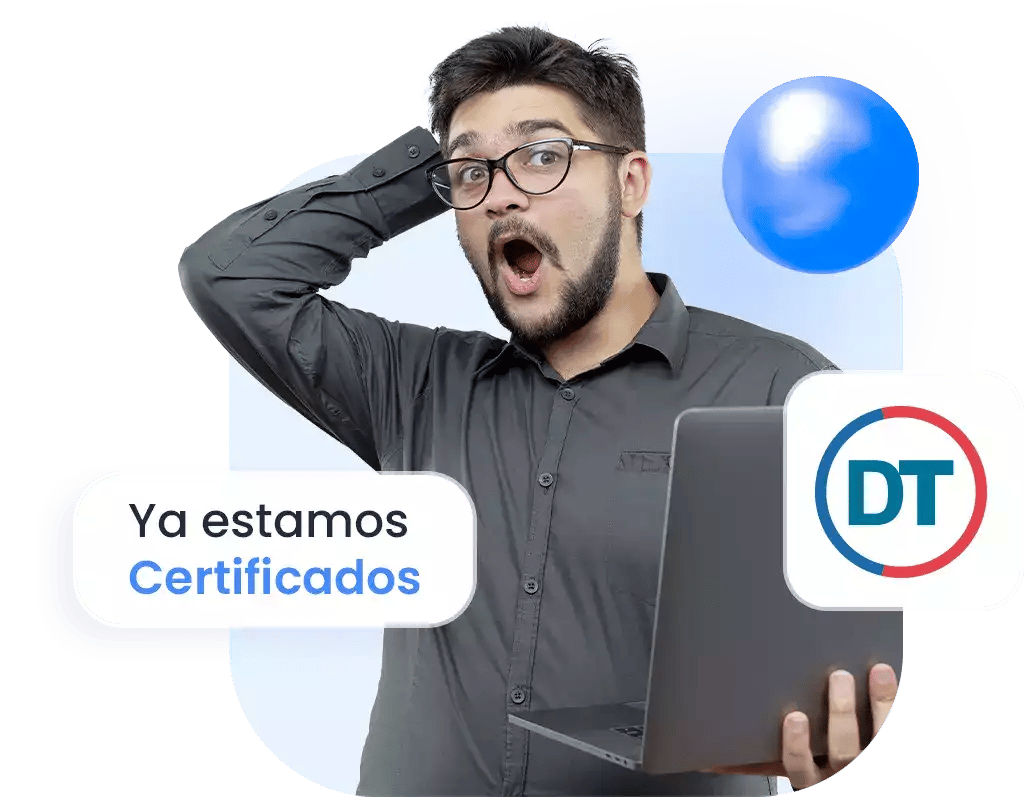 Hombre sorprendido con computador en su mano, acompañado de un texto "Ya estamos certificados".